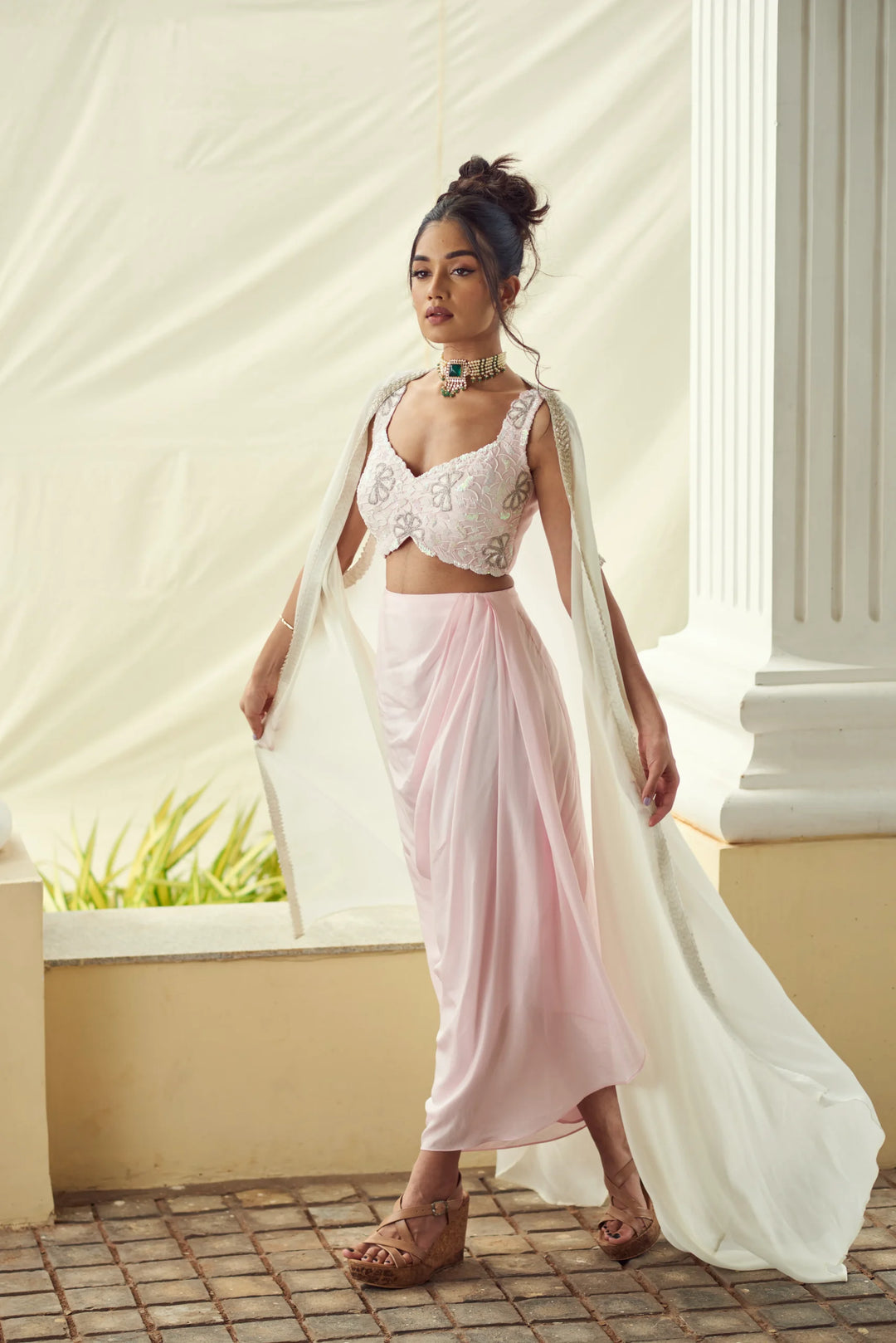 PINK CROP TOP WITH PLEATED SKIRT AND LONG CAPE