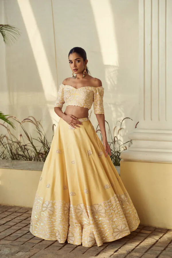 YELLOW LEHENGA HAND EMBROIDERED WITH OMBRE YELLOW AND WHITE DUPATTA