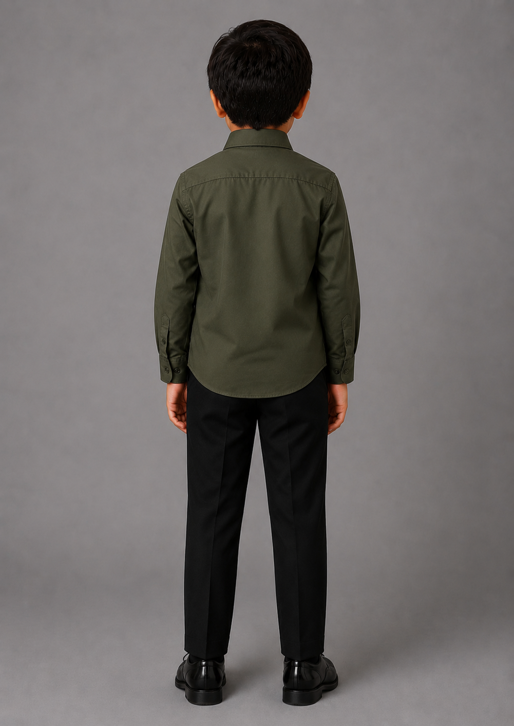 BOY OLIVE GREEN SHIRT WITH HAND EMBROIDERED SILVER CUB ON POCKET SQAURE