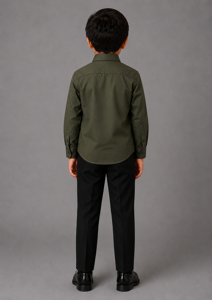 BOY OLIVE GREEN SHIRT WITH HAND EMBROIDERED SILVER CUB ON POCKET SQAURE