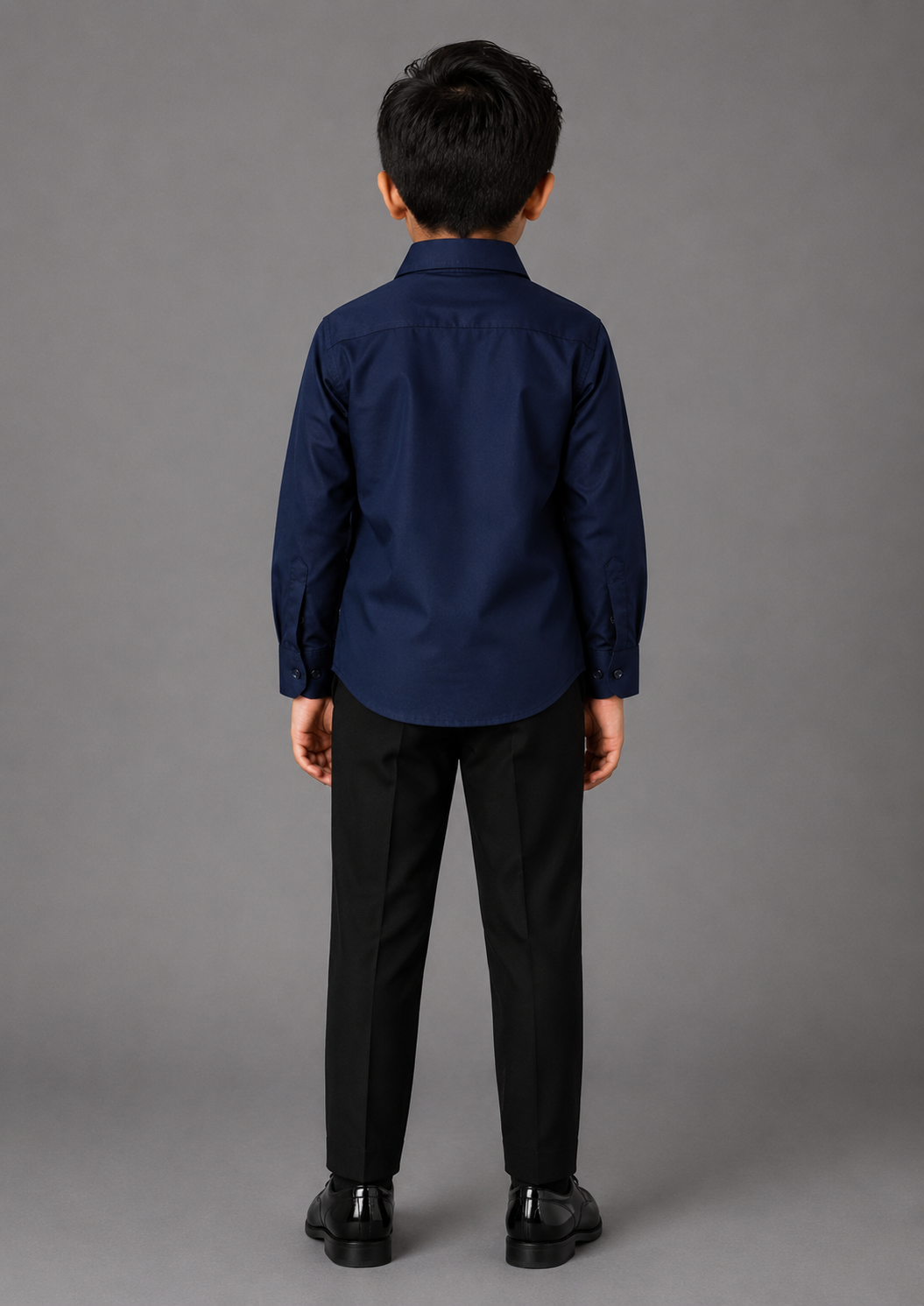 BOY NAVY BLUE SHIRT WITH HAND EMBROIDERED SILVER CUB ON POCKET SQAURE
