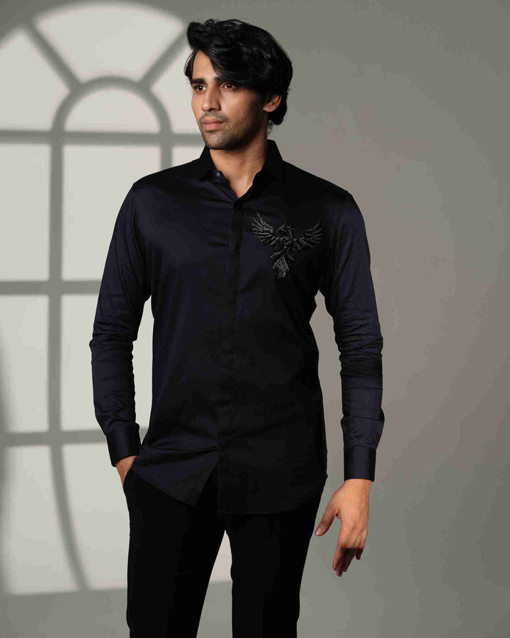 Navy Blue Shirt with 3D Phoenix on Pocket Square
