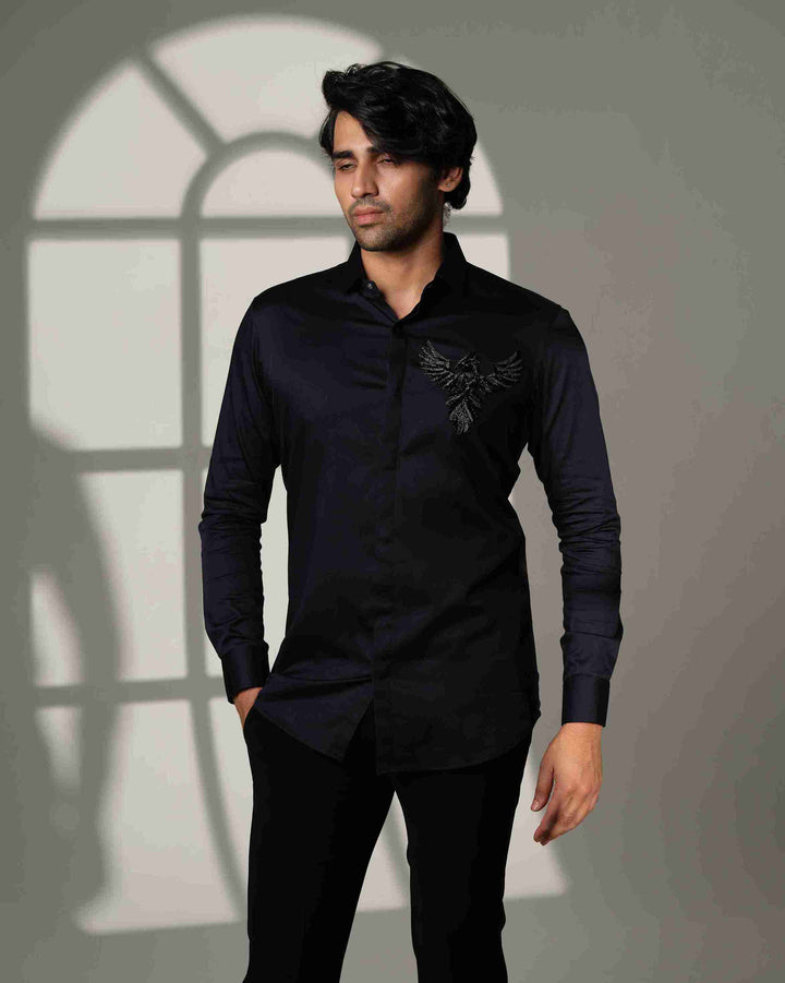 Navy Blue Shirt with 3D Phoenix on Pocket Square