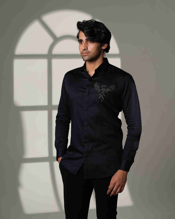 Navy Blue Shirt with 3D Phoenix on Pocket Square