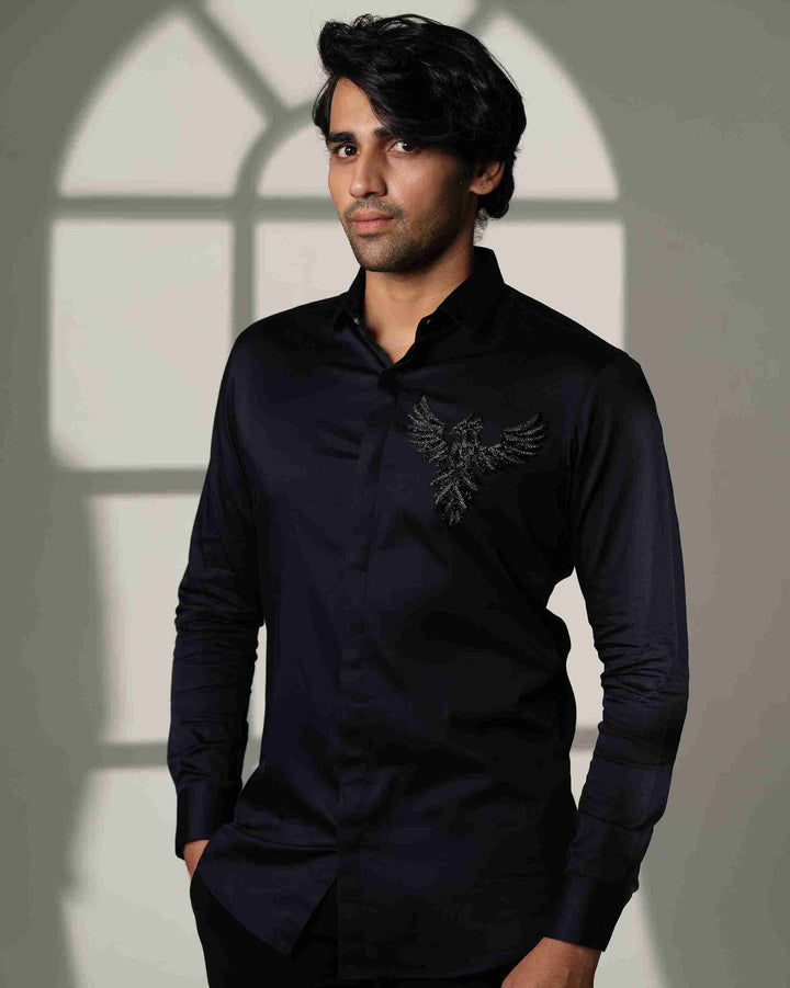 Navy Blue Shirt with 3D Phoenix on Pocket Square