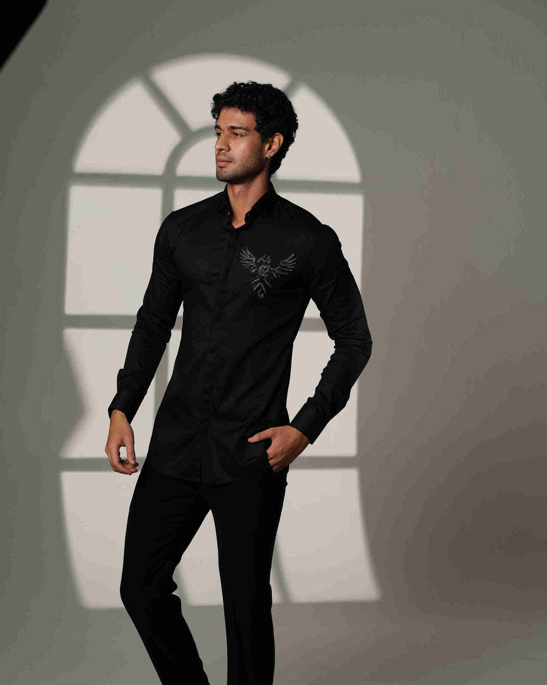 Black Shirt with 3D Phoenix on Pocket Square