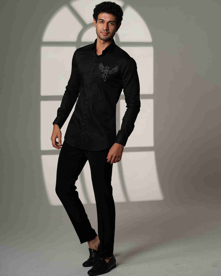 Black Shirt with 3D Phoenix on Pocket Square