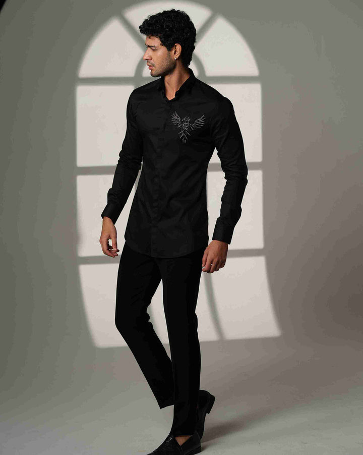 Black Shirt with 3D Phoenix on Pocket Square