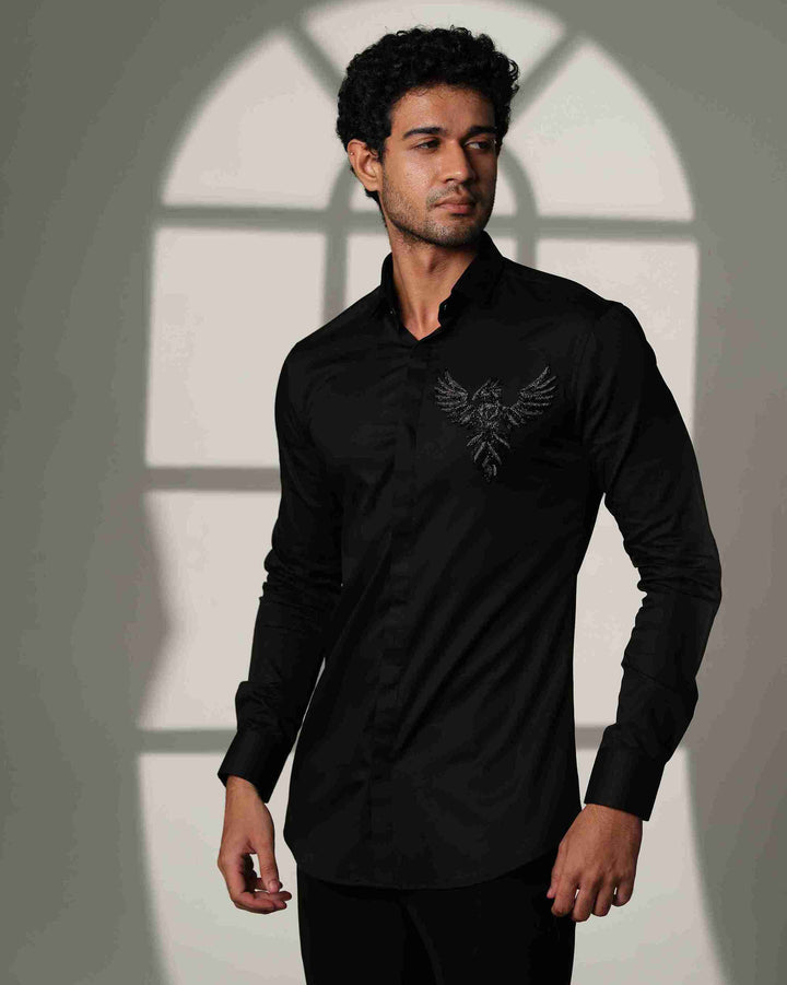Black Shirt with 3D Phoenix on Pocket Square