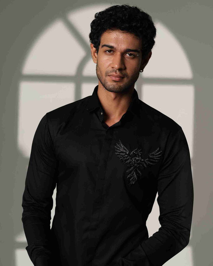 Black Shirt with 3D Phoenix on Pocket Square