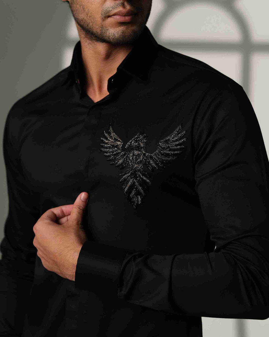 Black Shirt with 3D Phoenix on Pocket Square