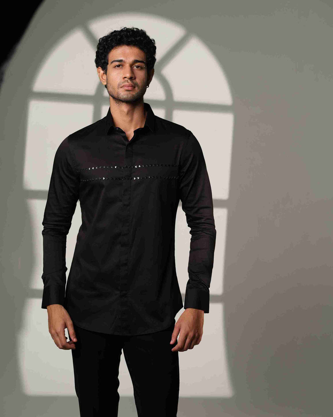 Black Shirt with Double Parallel  Arrow Metal Embroidery