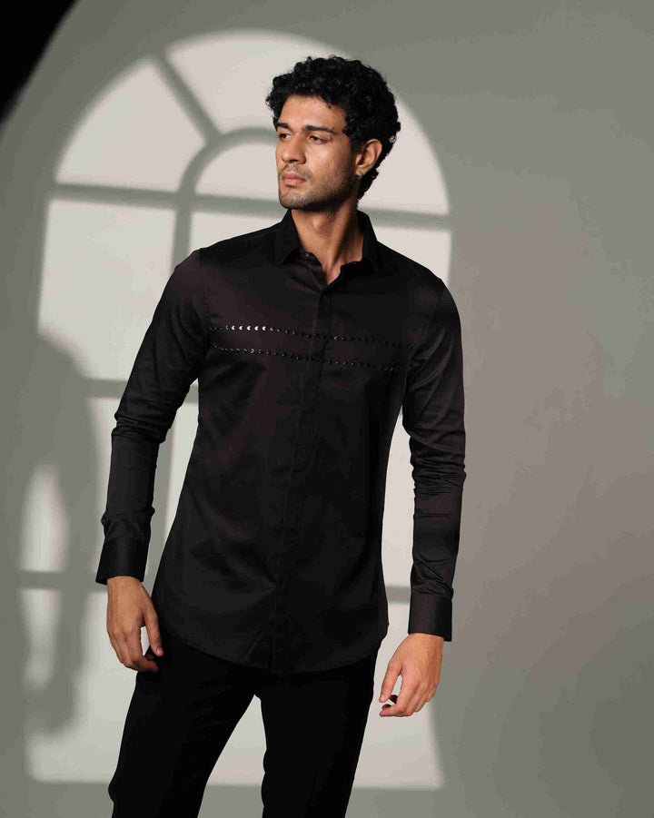 Black Shirt with Double Parallel  Arrow Metal Embroidery