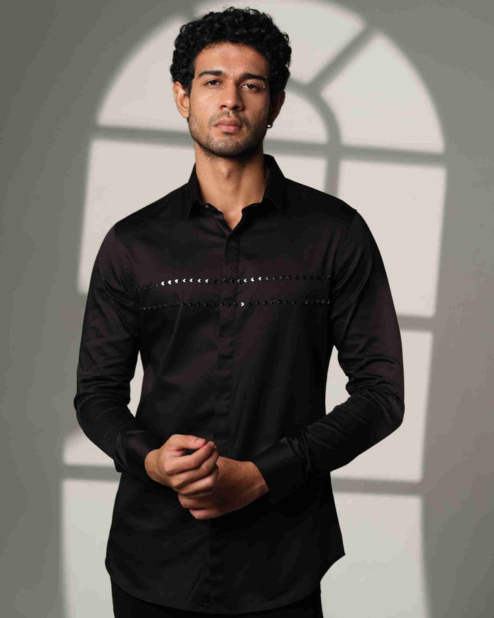 Black Shirt with Double Parallel  Arrow Metal Embroidery