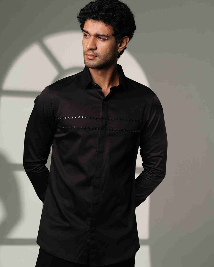 Black Shirt with Double Parallel  Arrow Metal Embroidery
