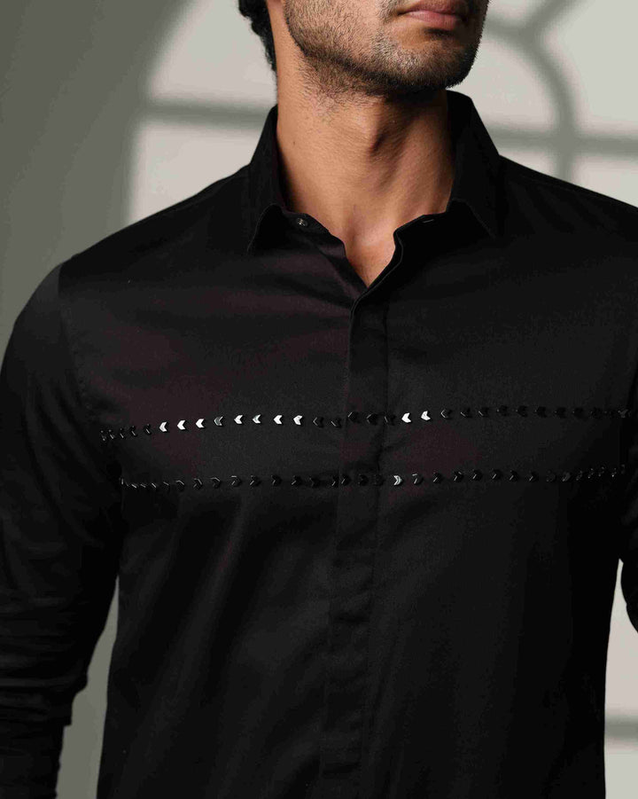 Black Shirt with Double Parallel  Arrow Metal Embroidery