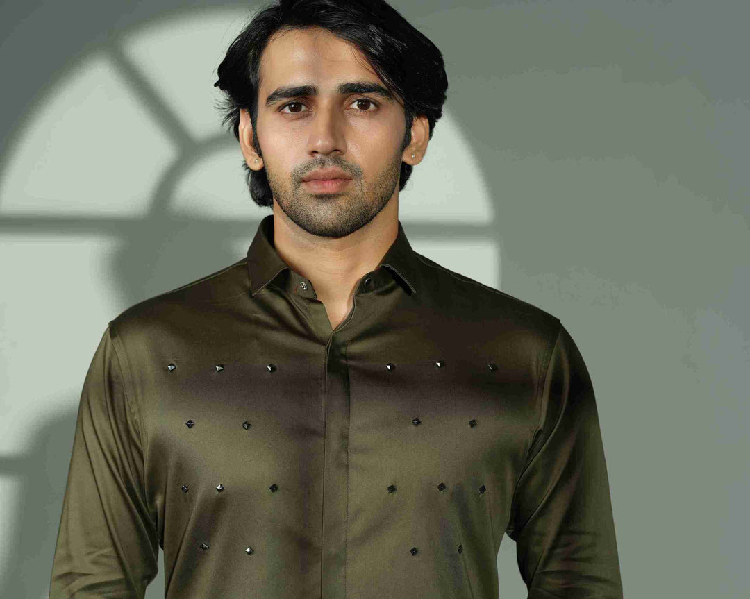 Pyramid Polka – Olive Green Shirt with Onyx Stud Embellishment