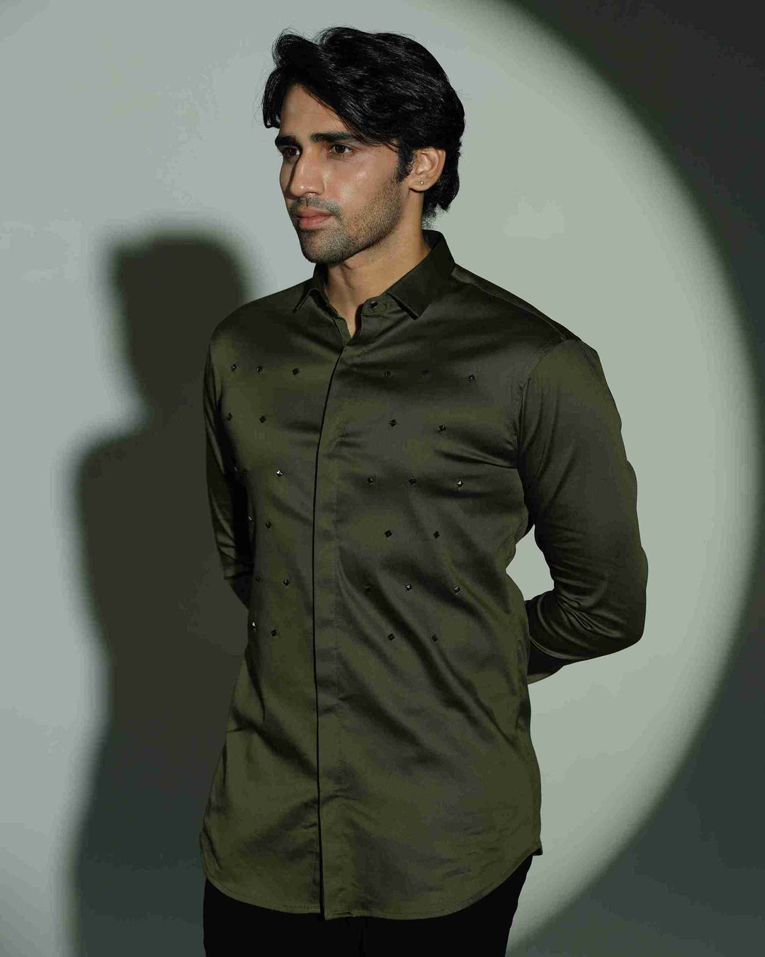 Pyramid Polka – Olive Green Shirt with Onyx Stud Embellishment