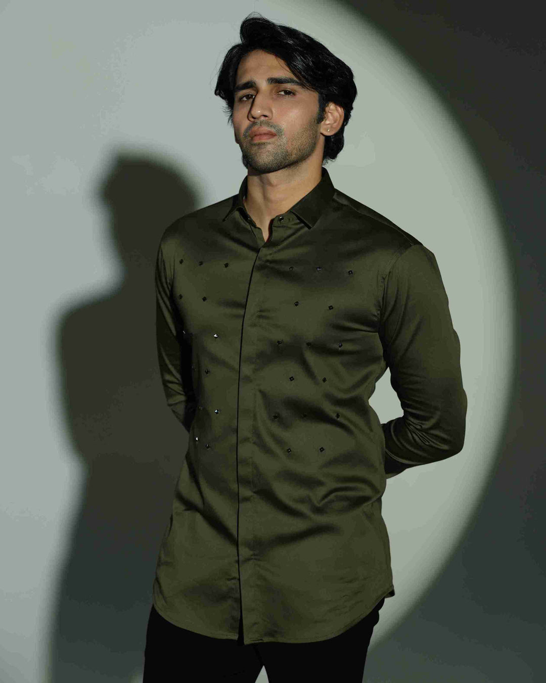 Pyramid Polka – Olive Green Shirt with Onyx Stud Embellishment