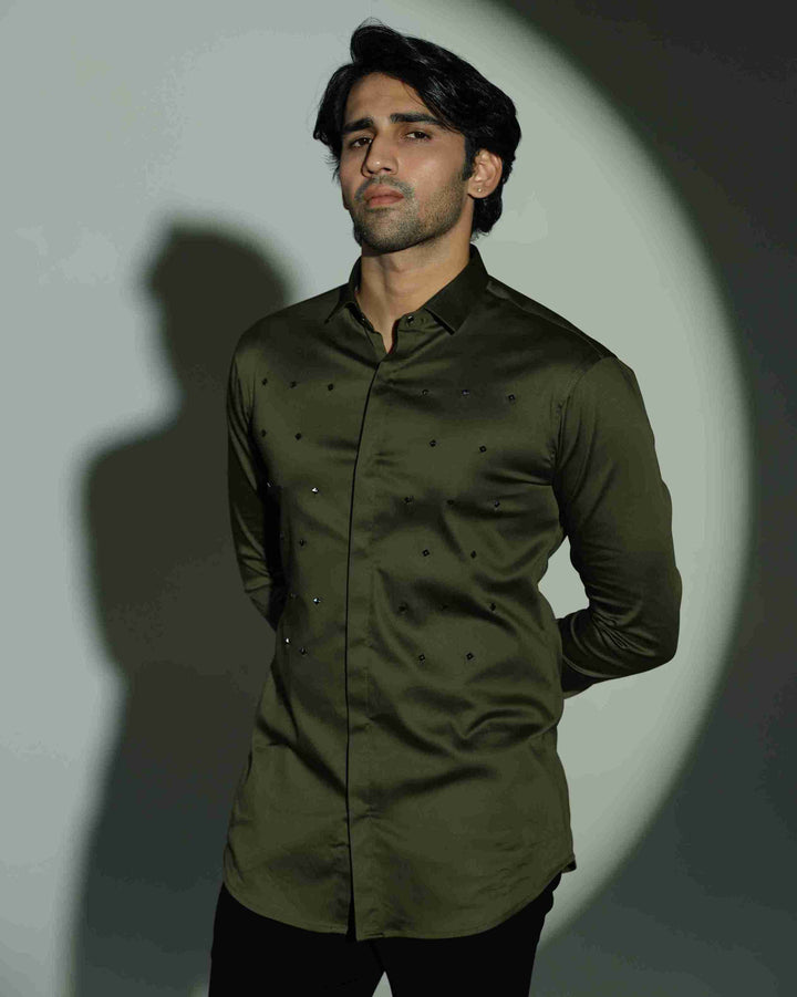 Pyramid Polka – Olive Green Shirt with Onyx Stud Embellishment