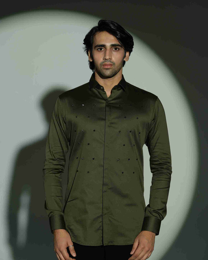 Pyramid Polka – Olive Green Shirt with Onyx Stud Embellishment