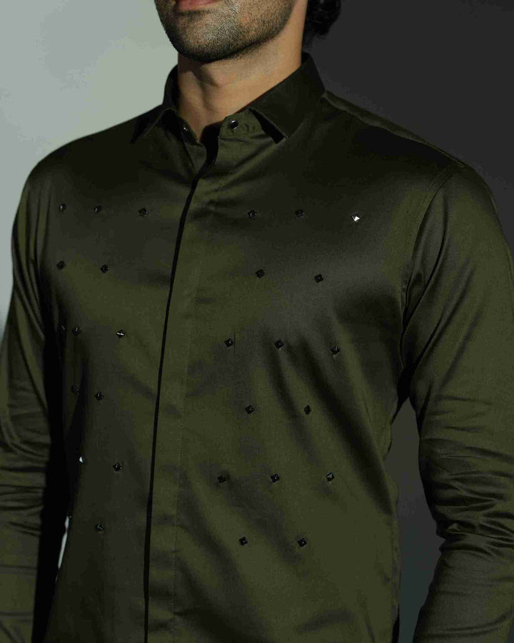 Pyramid Polka – Olive Green Shirt with Onyx Stud Embellishment