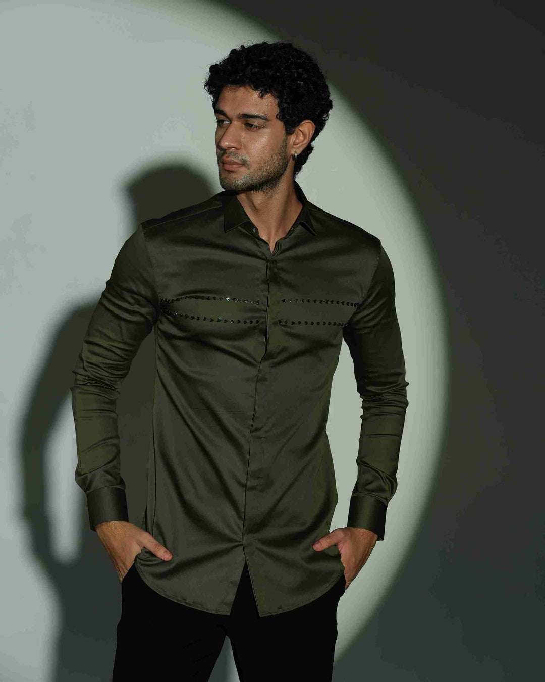 Olive Green Shirt with Double Parallel  Arrow Metal Embroidery