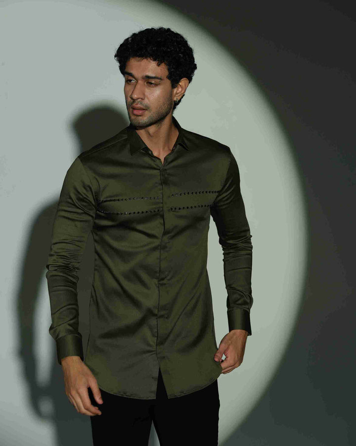 Olive Green Shirt with Double Parallel  Arrow Metal Embroidery