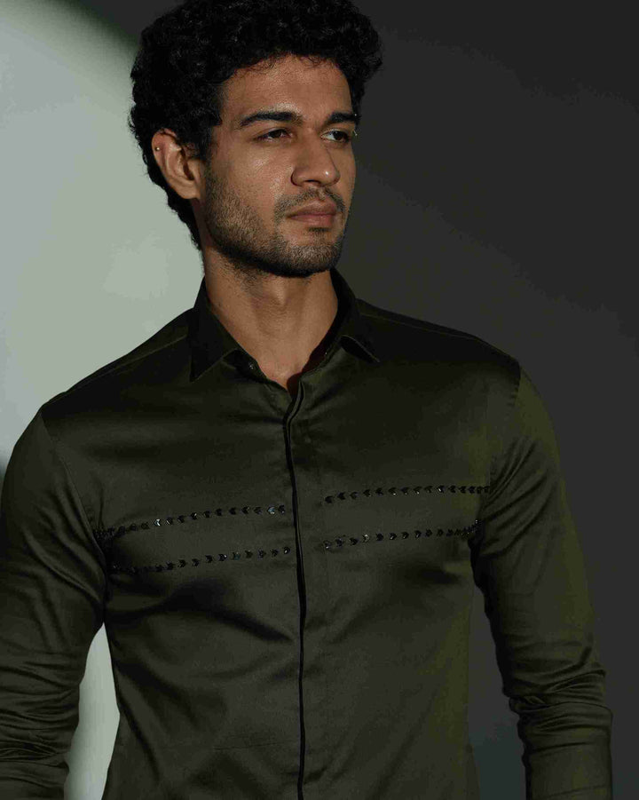 Olive Green Shirt with Double Parallel  Arrow Metal Embroidery