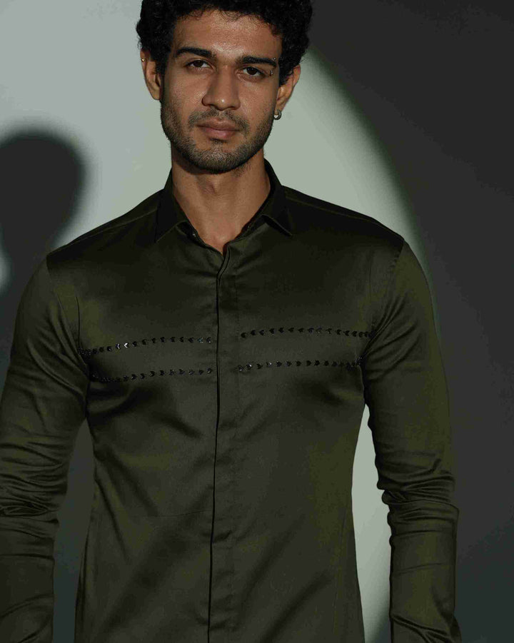 Olive Green Shirt with Double Parallel  Arrow Metal Embroidery