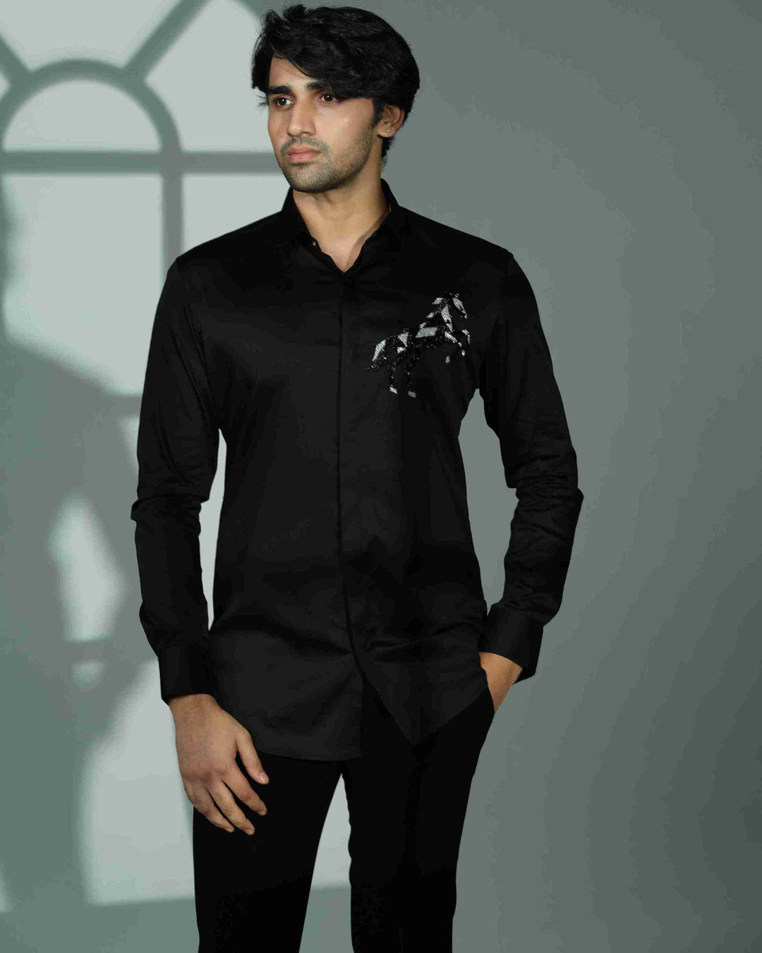 Black Shirt with 3D Horse on Pocket Square