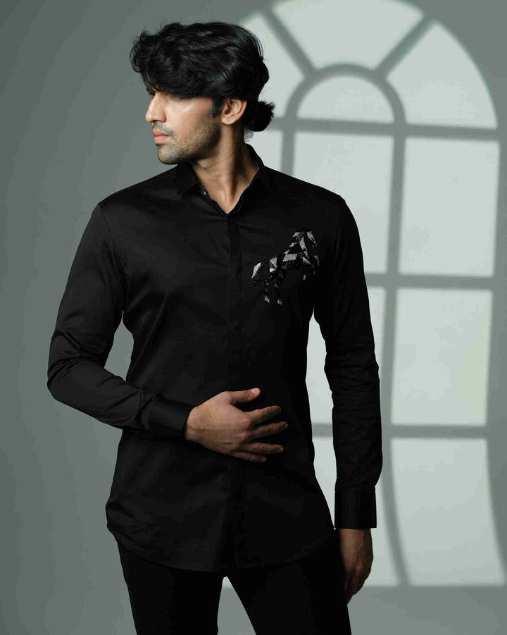Black Shirt with 3D Horse on Pocket Square