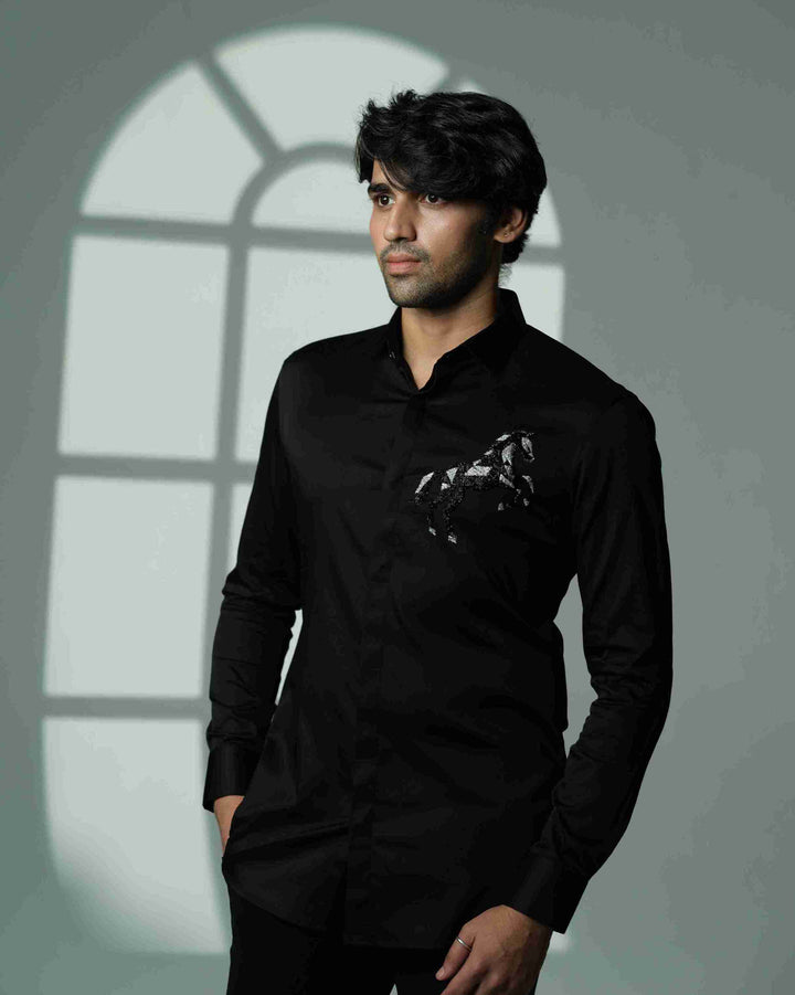 Black Shirt with 3D Horse on Pocket Square