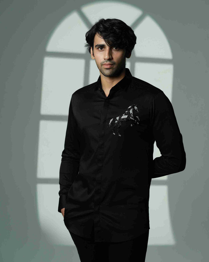Black Shirt with 3D Horse on Pocket Square