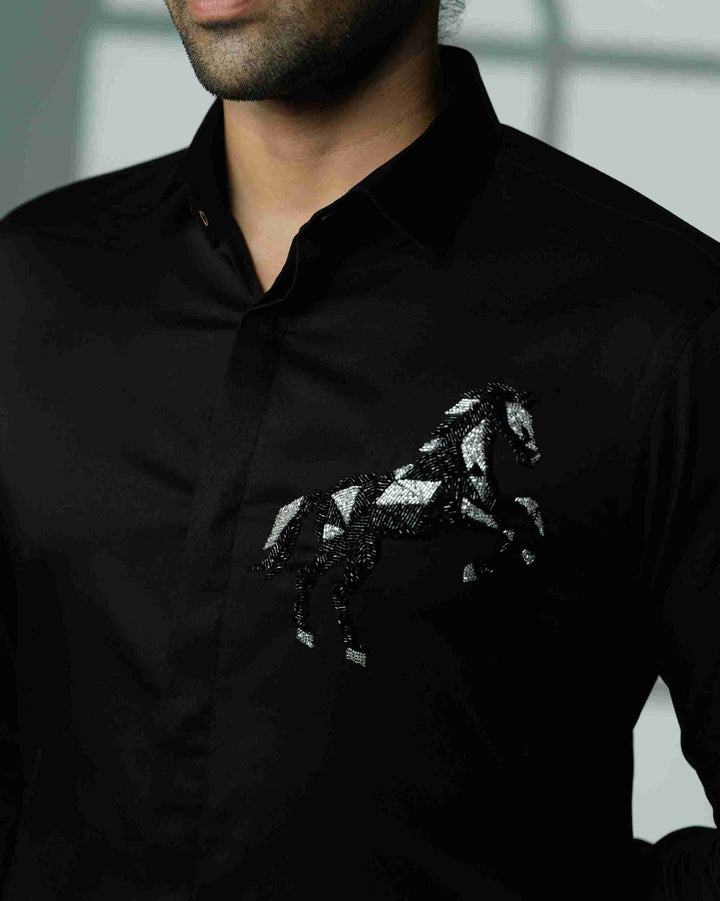 Black Shirt with 3D Horse on Pocket Square