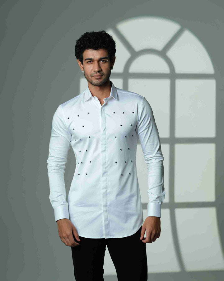 Pyramid Polka – White Shirt with Onyx Stud Embellishment