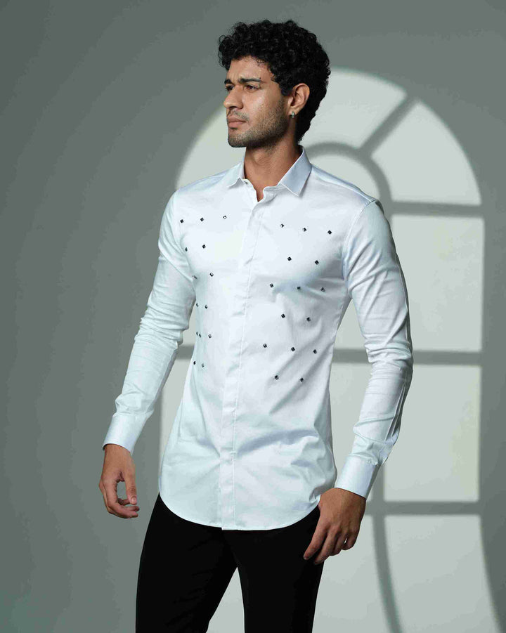 Pyramid Polka – White Shirt with Onyx Stud Embellishment