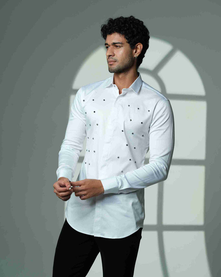 Pyramid Polka – White Shirt with Onyx Stud Embellishment