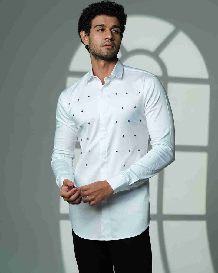Pyramid Polka – White Shirt with Onyx Stud Embellishment