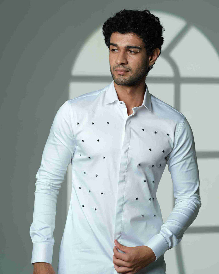 Pyramid Polka – White Shirt with Onyx Stud Embellishment