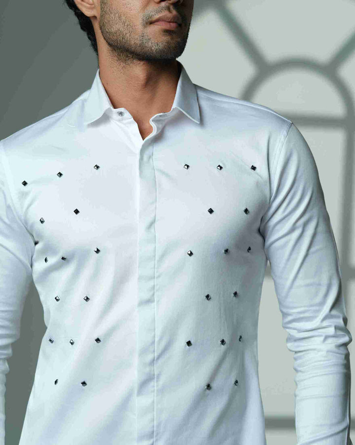 Pyramid Polka – White Shirt with Onyx Stud Embellishment