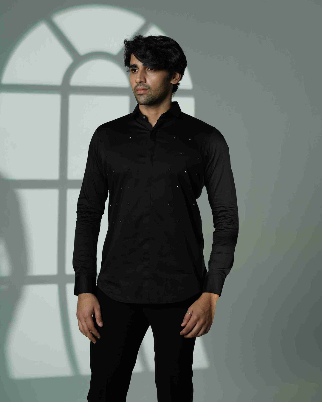 Pyramid Polka – Black Shirt with Onyx Stud Embellishment