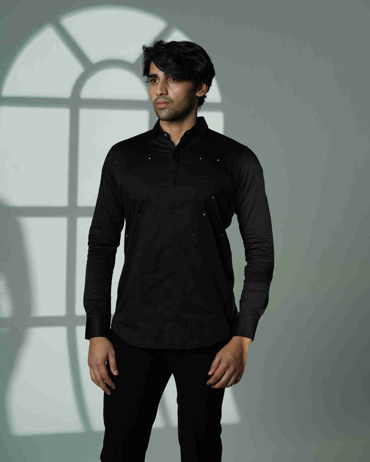 Pyramid Polka – Black Shirt with Onyx Stud Embellishment