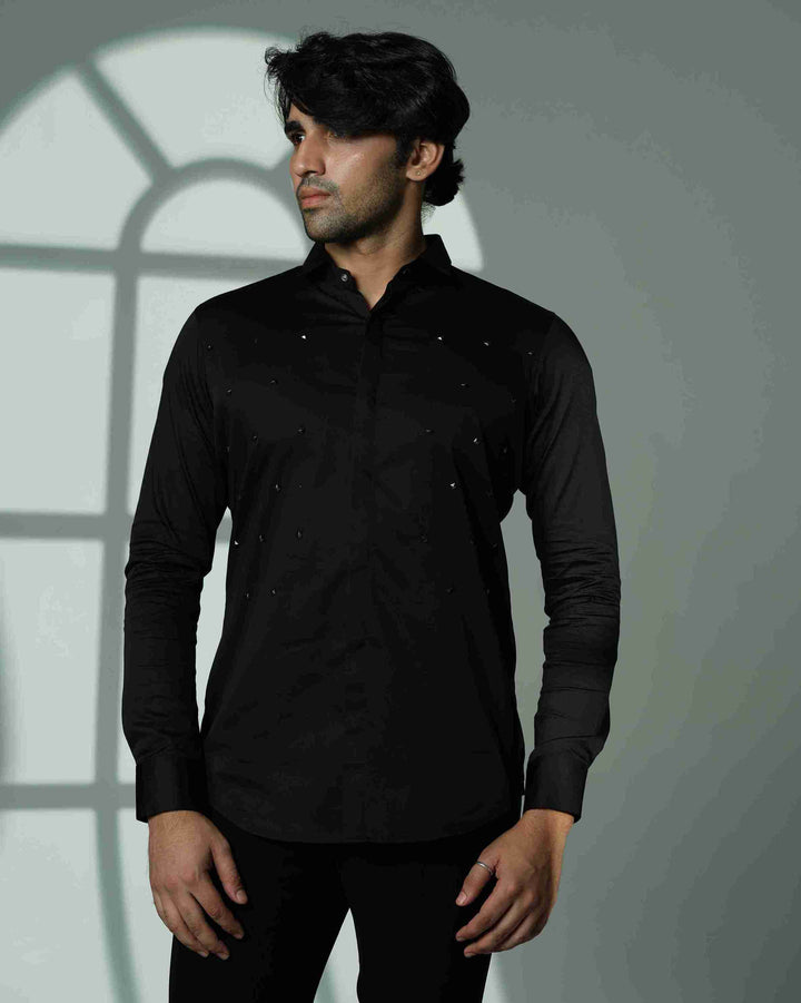 Pyramid Polka – Black Shirt with Onyx Stud Embellishment