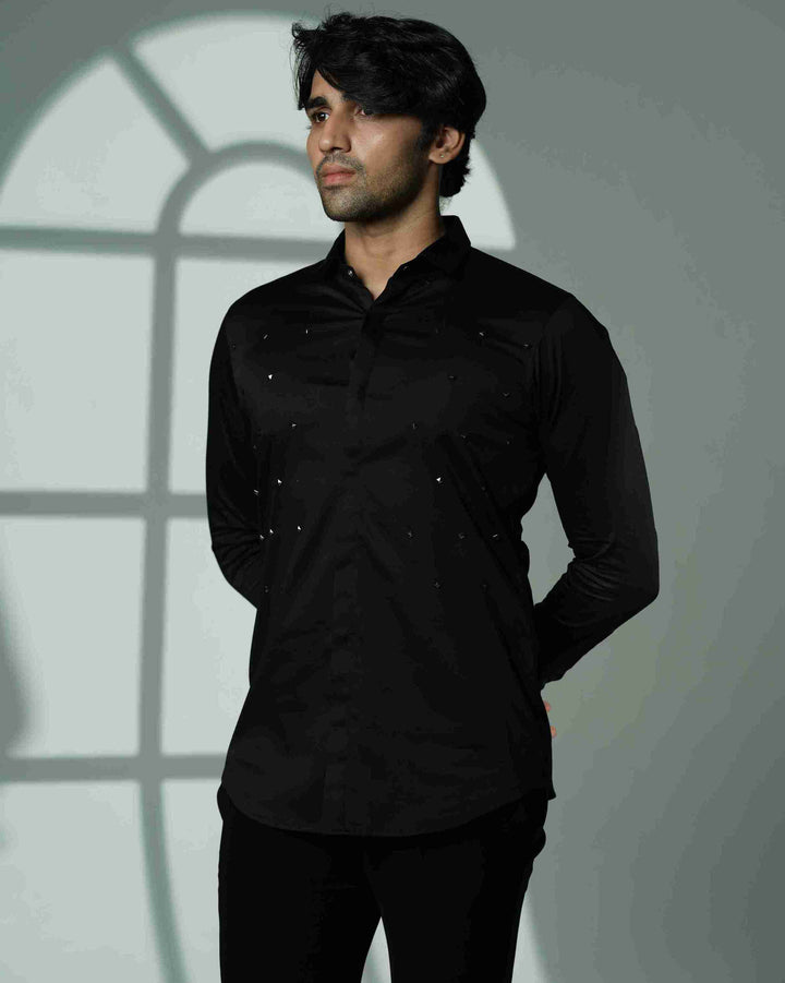 Pyramid Polka – Black Shirt with Onyx Stud Embellishment