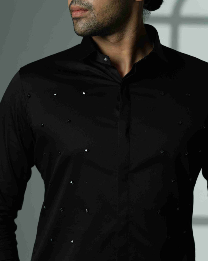 Pyramid Polka – Black Shirt with Onyx Stud Embellishment