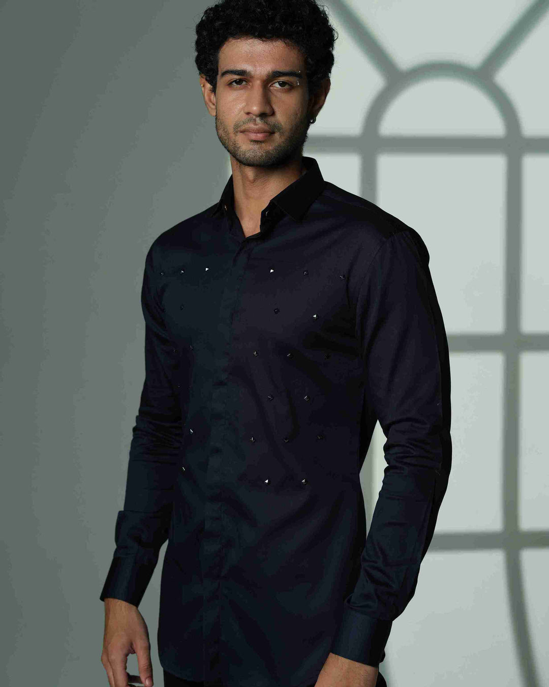 Pyramid Polka – Navy Blue Shirt with Onyx Stud Embellishment