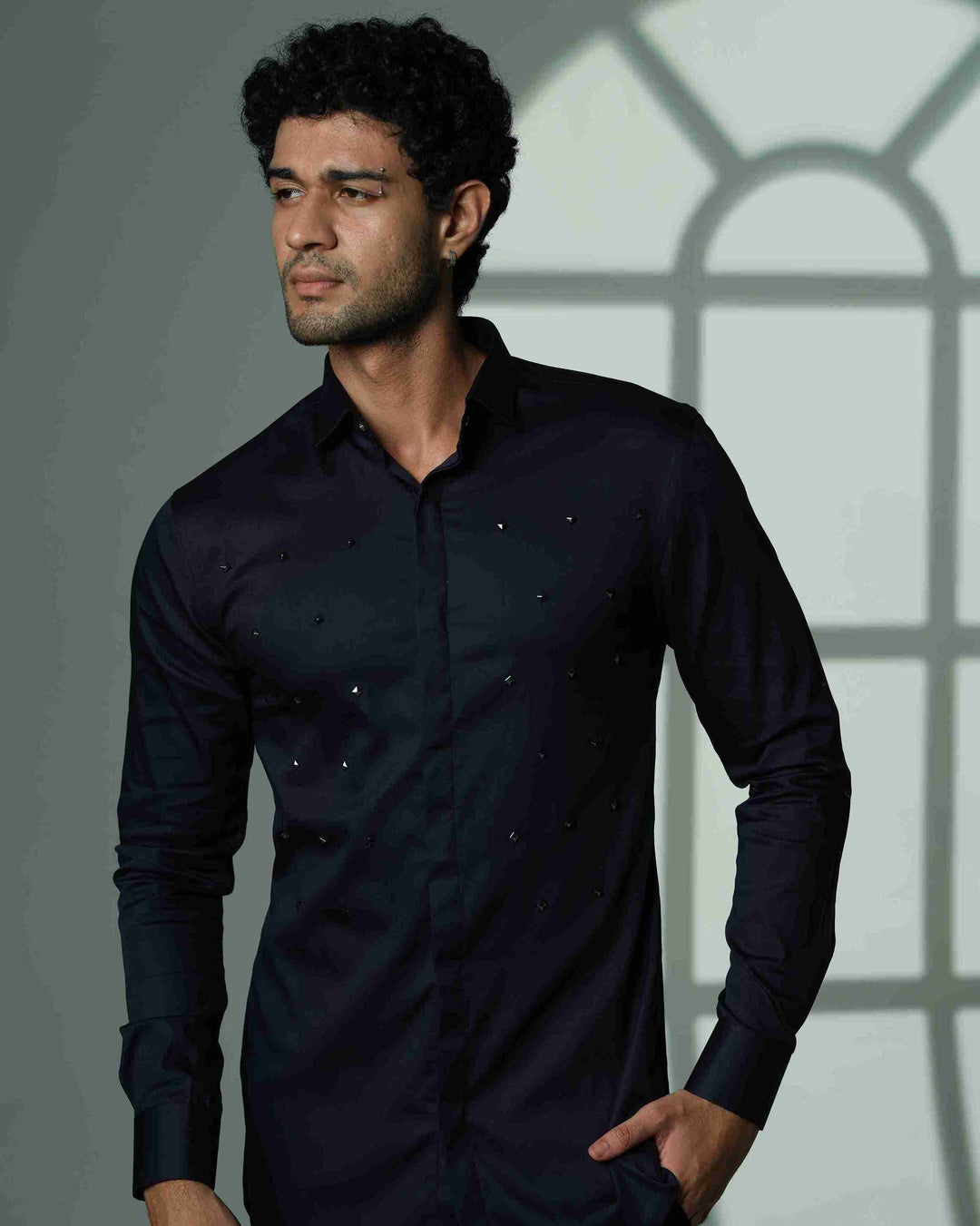 Pyramid Polka – Navy Blue Shirt with Onyx Stud Embellishment