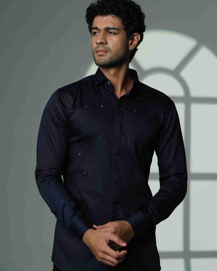 Pyramid Polka – Navy Blue Shirt with Onyx Stud Embellishment