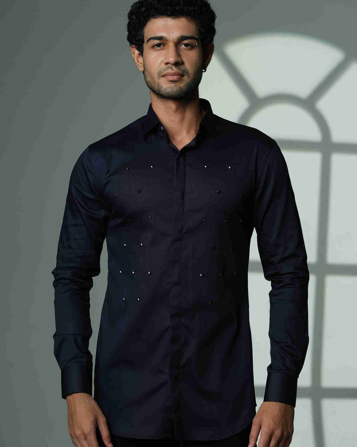 Pyramid Polka – Navy Blue Shirt with Onyx Stud Embellishment